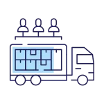 Meist 4 Logistikaauto illustratsioon pakendite ja kolme inimesega, mis esindab kaubavedu ja kohaletoimetamisteenuseid.