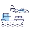 Illustration of freight logistics with planes, cargo ships, and containers over waves, symbolizing efficient transportation.