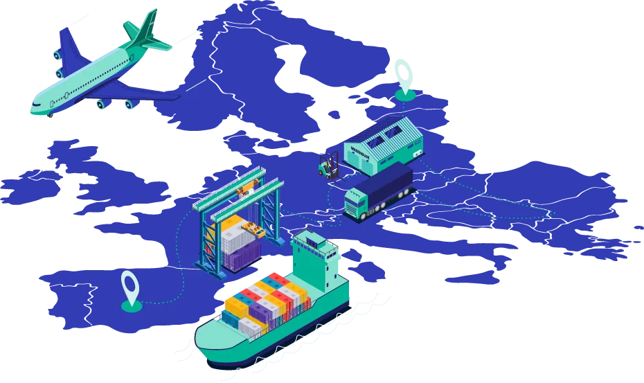 Illustration depicting freight logistics: air, sea, and land transport with containers and locations marked on a map.
