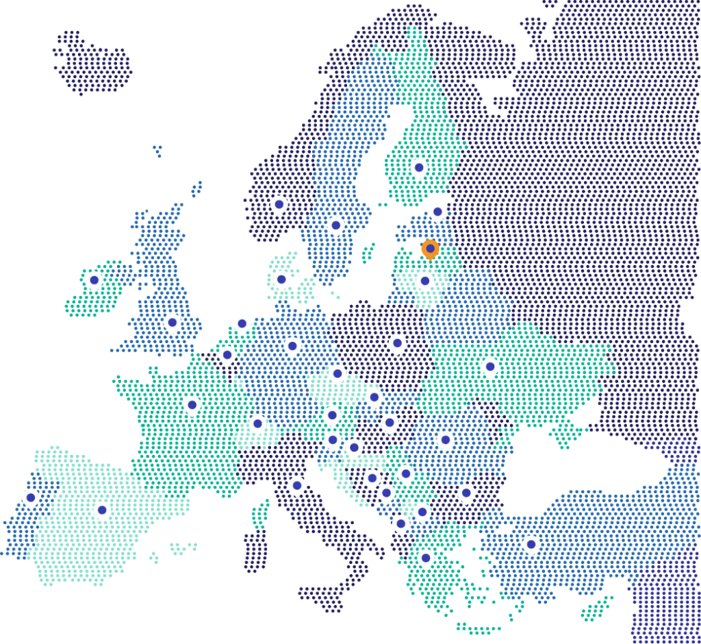 Map of Europe highlighting key logistics and freight locations with markers for service areas and operations.