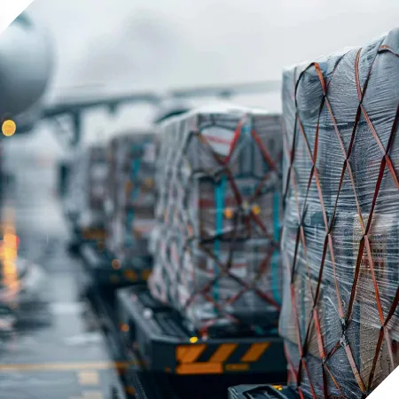 Meist 2 Pallets of cargo secured and ready for loading at an airport, illustrating efficient freight logistics operations.
